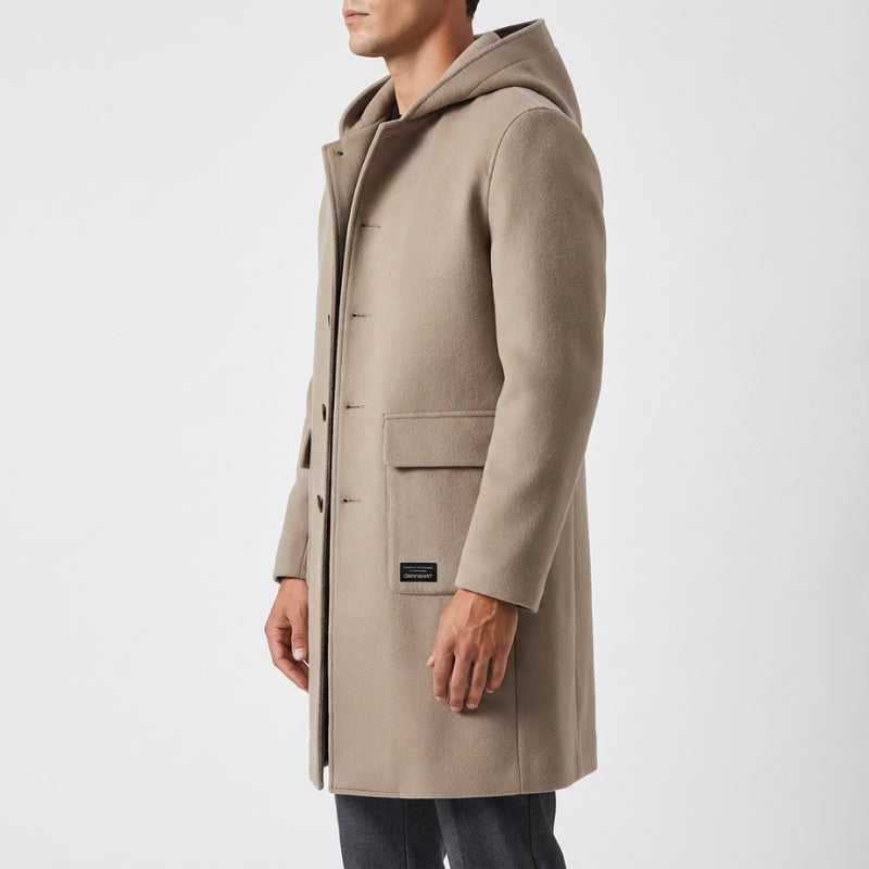 Cambridge Men’s Hooded Wool Overcoat – Structured Knee-Length Design with Detachable Lining