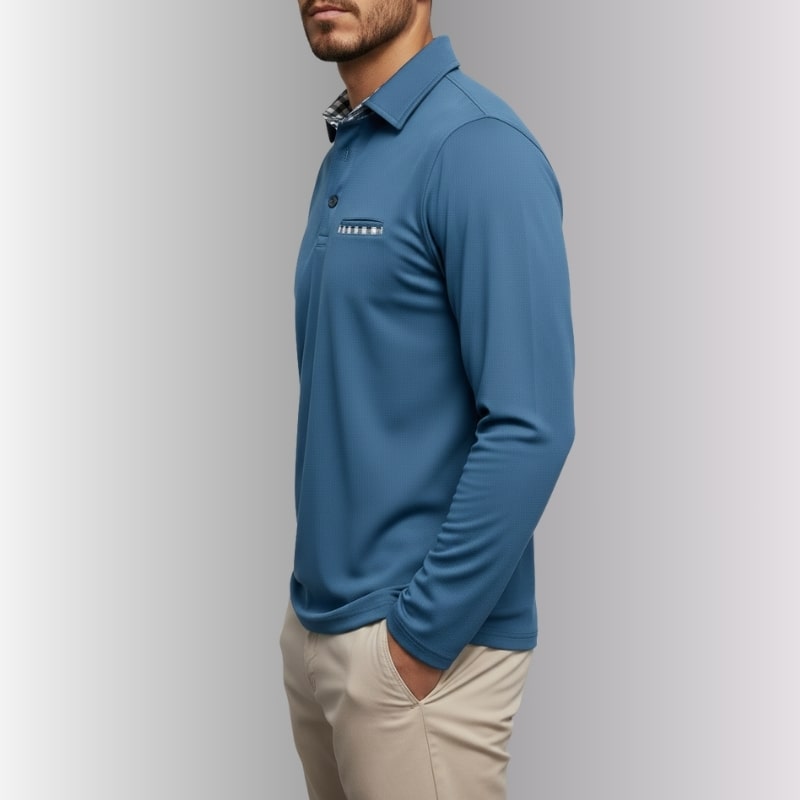 Darian Men’s Long Sleeve Polo – Slim Fit with Checked Collar Accents