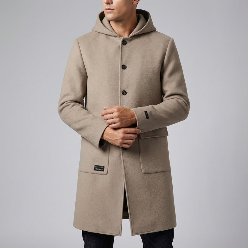 Cambridge Men’s Hooded Wool Overcoat – Structured Knee-Length Design with Detachable Lining