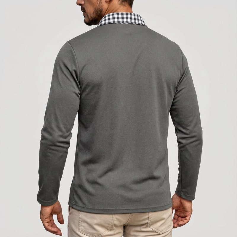 Darian Men’s Long Sleeve Polo – Slim Fit with Checked Collar Accents