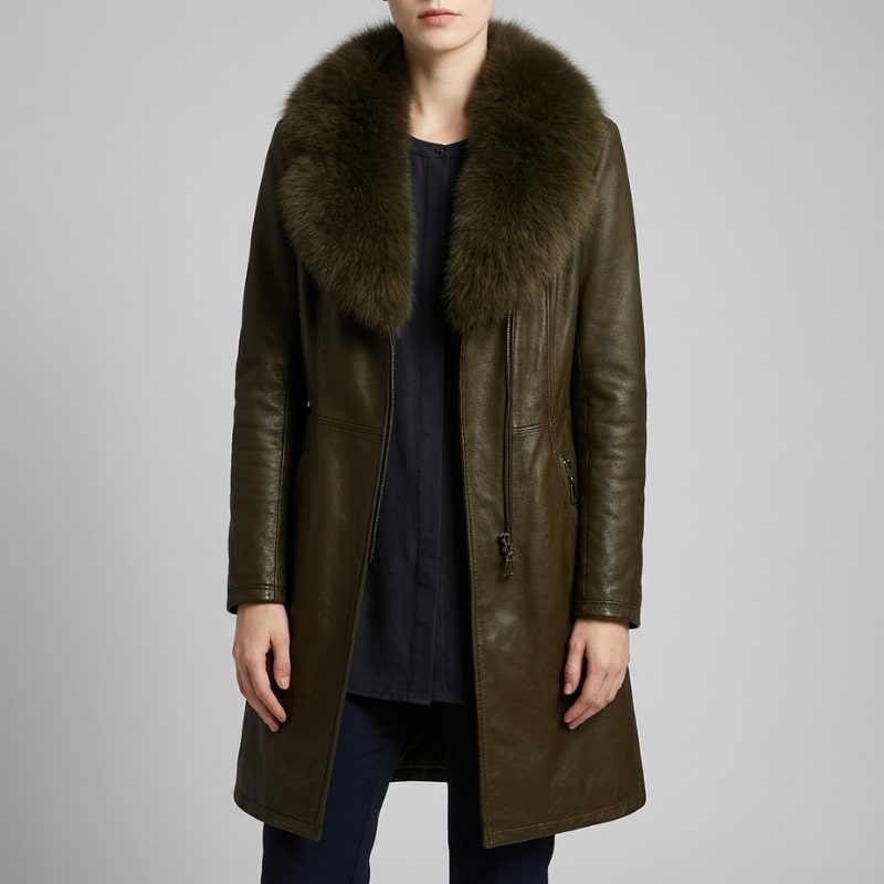 Catherine Women’s Leather Jacket – Fur Trim Collar & Belted Longline Coat