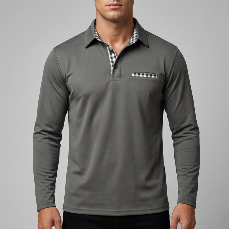 Darian Men’s Long Sleeve Polo – Slim Fit with Checked Collar Accents