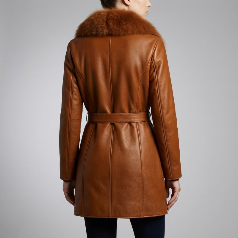 Catherine Women’s Leather Jacket – Fur Trim Collar & Belted Longline Coat