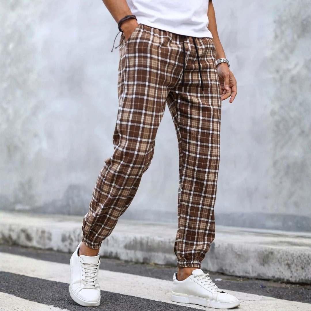 Cassius Men’s Joggers – Brushed Cotton Tapered Plaid Joggers