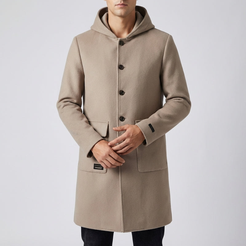 Cambridge Men’s Hooded Wool Overcoat – Structured Knee-Length Design with Detachable Lining