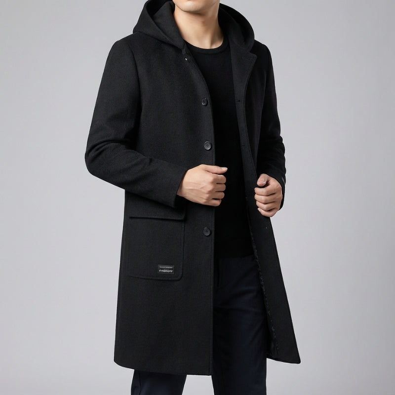 Cambridge Men’s Hooded Wool Overcoat – Structured Knee-Length Design with Detachable Lining