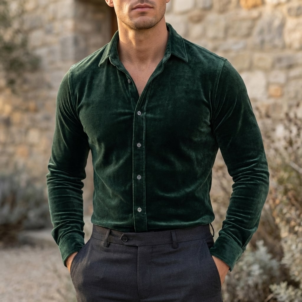 Moivi Men’s Shirt – Velvet Long Sleeve Button-Up Shirt