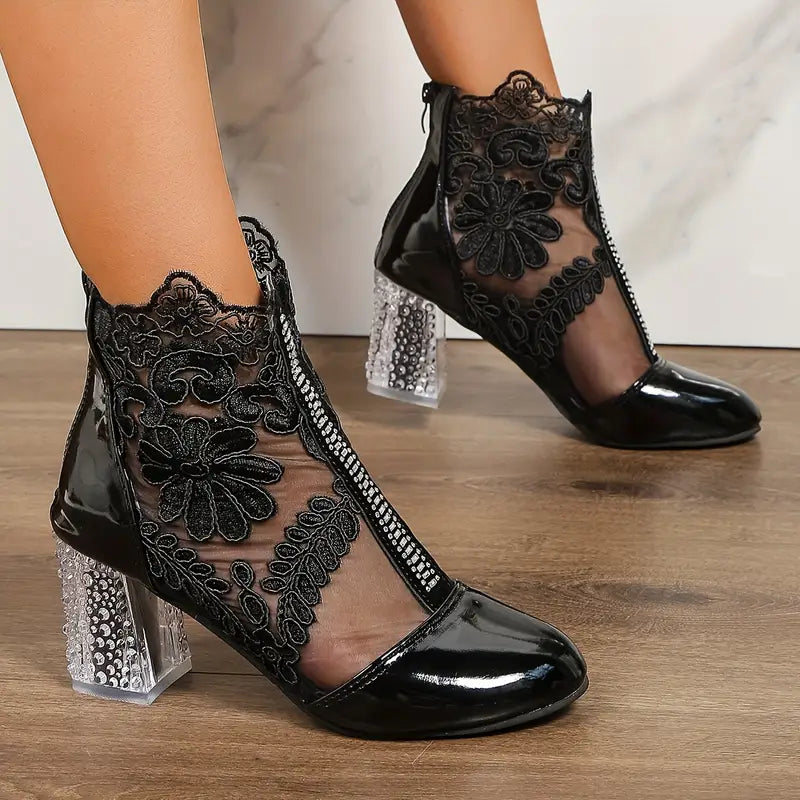 Addison Ladies Ankle Boots – Patent Leather & Floral Embroidered Mesh with Crystal Heel