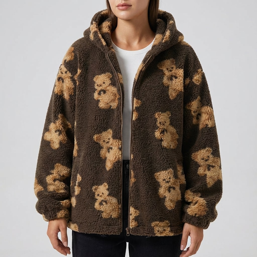 Maine Women’s Sherpa Jacket – Oversized Fleece Hooded Teddy Jacket with Full Zip