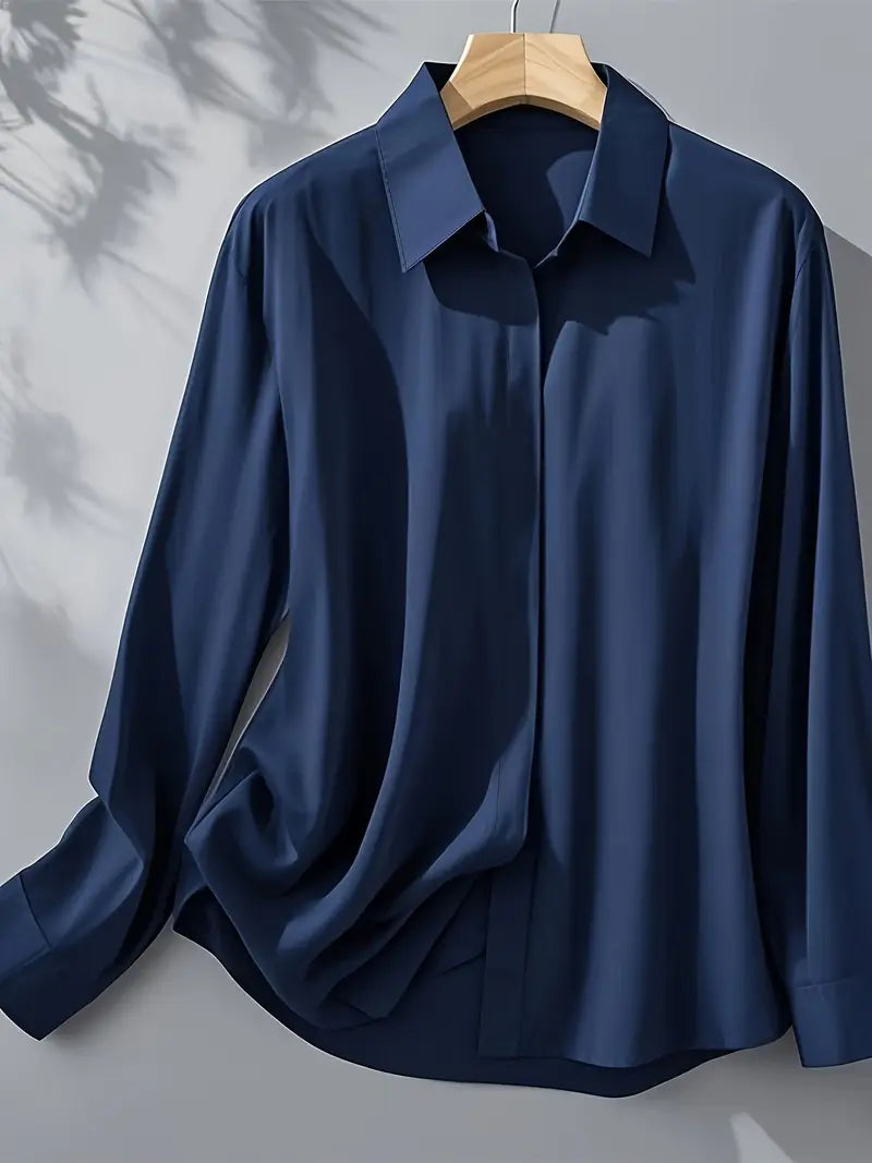 Anjelly Women's Satin Blouse – Solid Color Long Sleeve Lapel Shirt