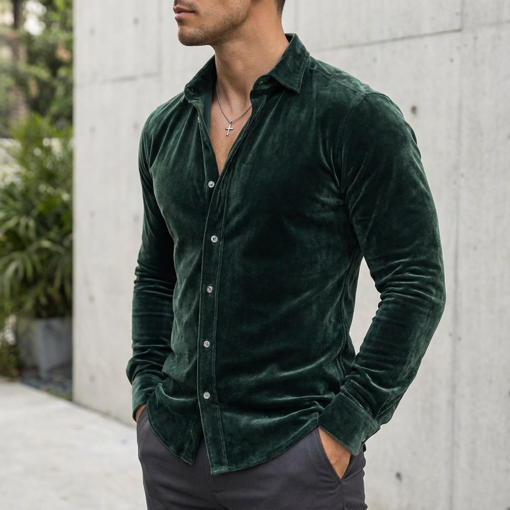 Moivi Men’s Shirt – Velvet Long Sleeve Button-Up Shirt