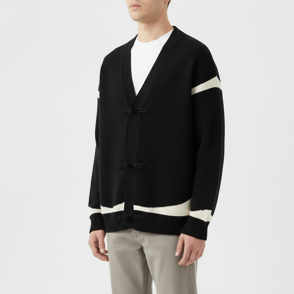Chris Men’s Wool Cardigan – Contrast Stripe Knit with Toggle Closures