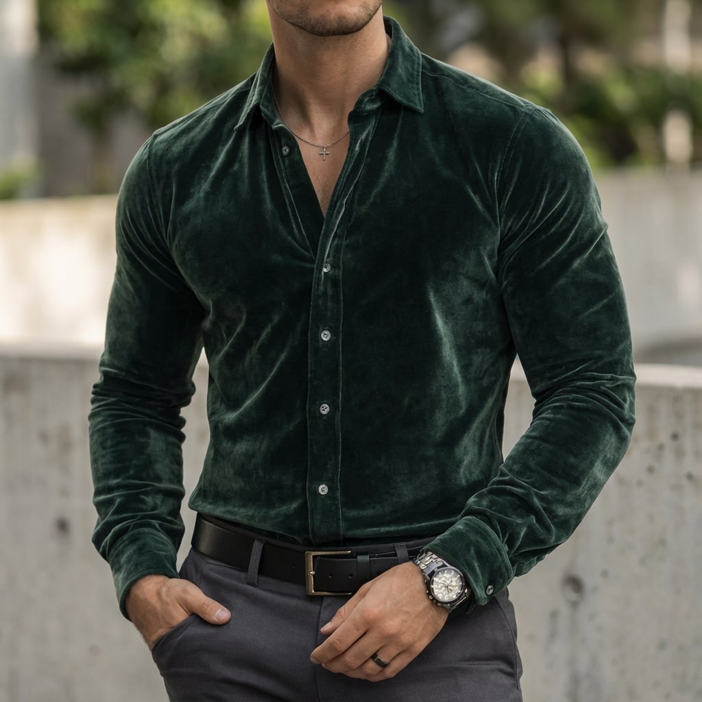 Moivi Men’s Shirt – Velvet Long Sleeve Button-Up Shirt