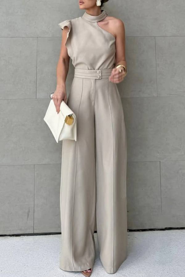 Leona One‑Shoulder Co‑ord Set – Ruffled Top & Straight‑Leg Pants for Summer Styling