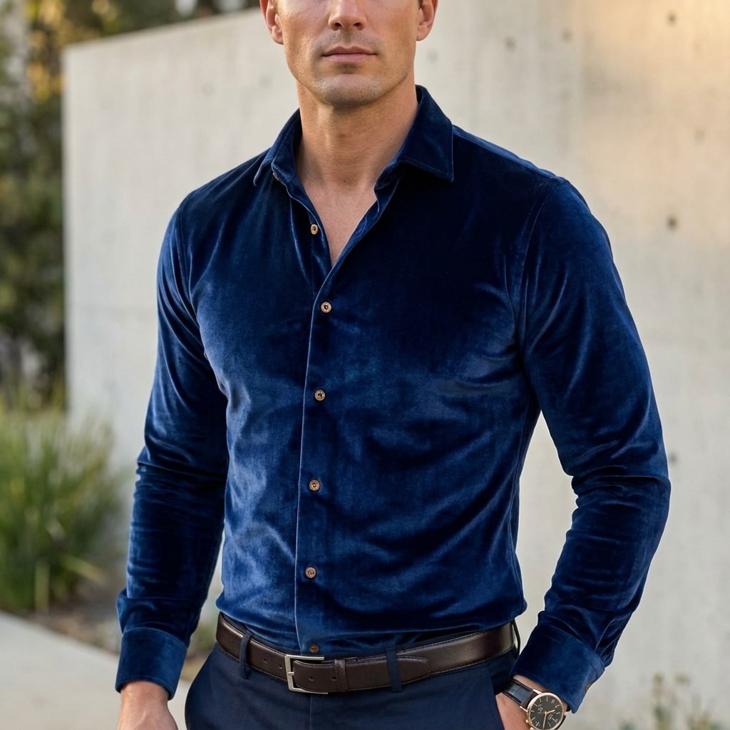 Moivi Men’s Shirt – Velvet Long Sleeve Button-Up Shirt