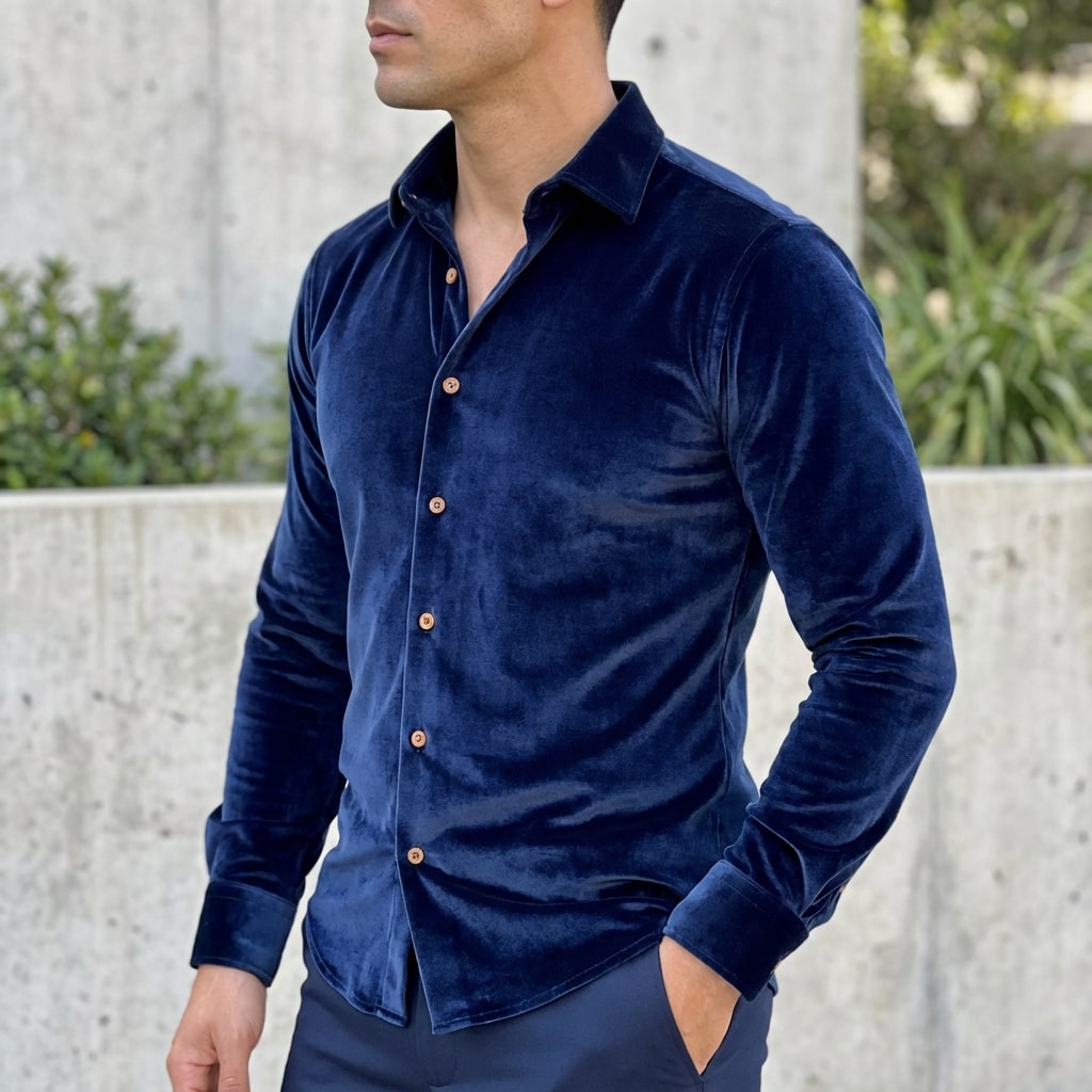 Moivi Men’s Shirt – Velvet Long Sleeve Button-Up Shirt