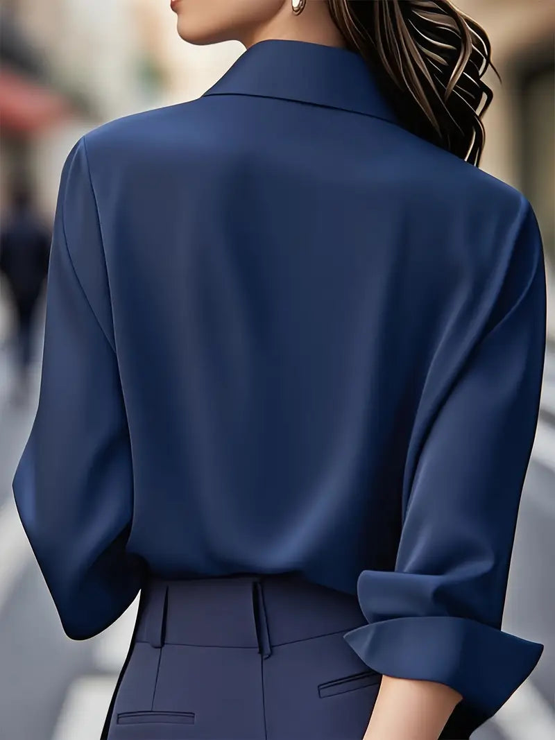 Anjelly Women's Satin Blouse – Solid Color Long Sleeve Lapel Shirt