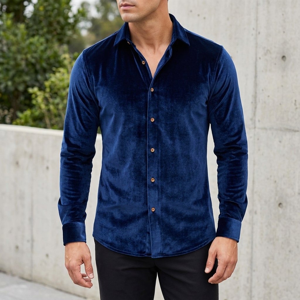 Moivi Men’s Shirt – Velvet Long Sleeve Button-Up Shirt