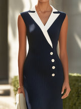 Nova White Lapel Collar Knit Dress