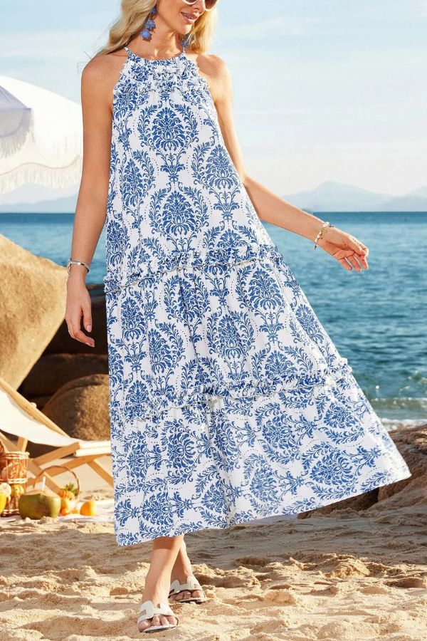 Isla Halter Vacation Dress – Lightweight Floral Maxi with Elegant Neckline for Summer Travel