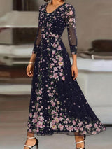 Celina Floral Maxi Dress – Flowing Sleeve Dress with Deep Round Neckline