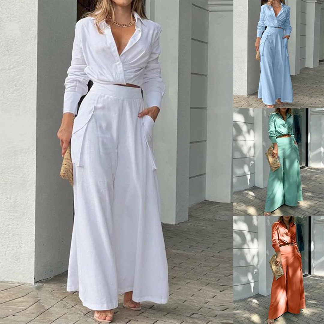 Selena Women’s Linen Set – Two Piece Linen Set with Wrap Crop Top & Wide-Leg Pants