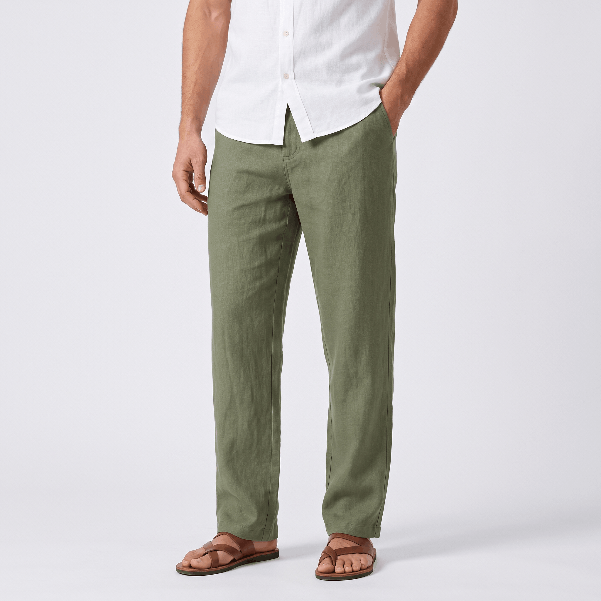 Men's olive green linen drawstring pants with a relaxed straight-leg fit, elastic waistband, and lightweight fabric.