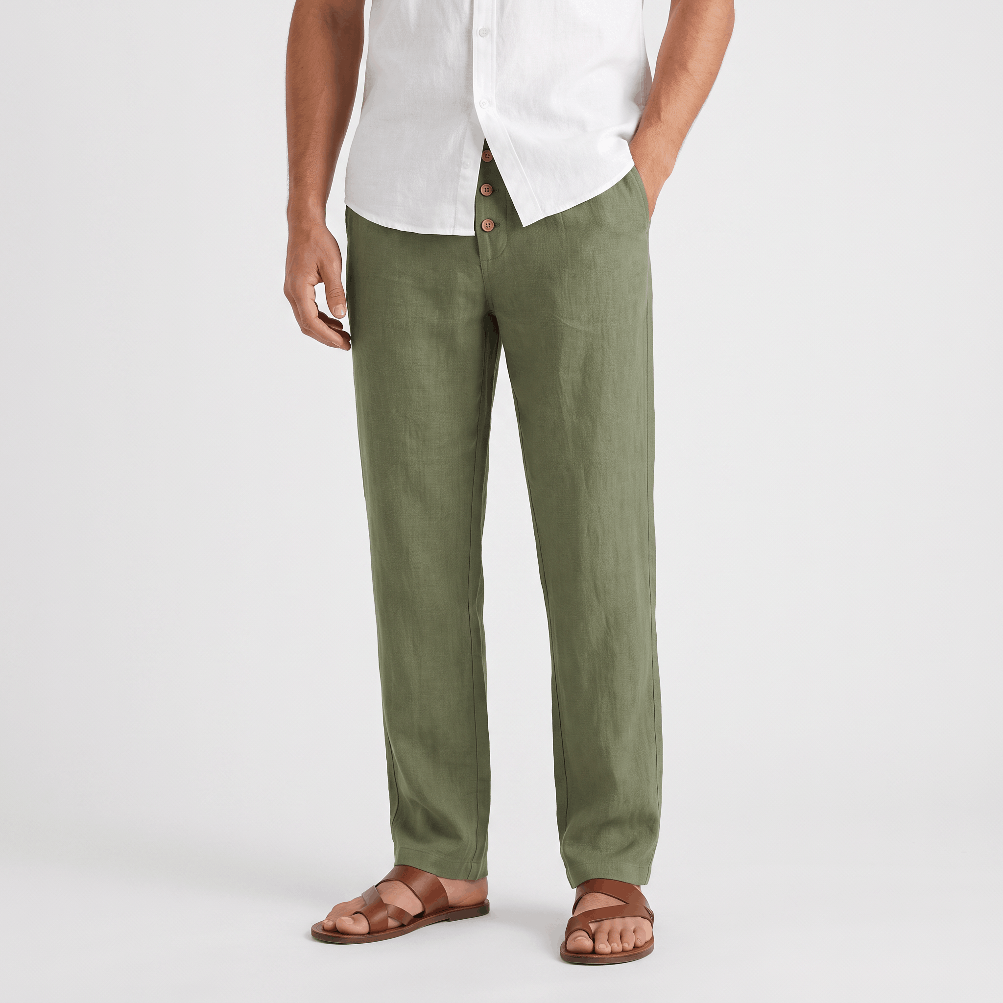 Men's olive green linen drawstring pants with a relaxed straight-leg fit, elastic waistband, and lightweight fabric.