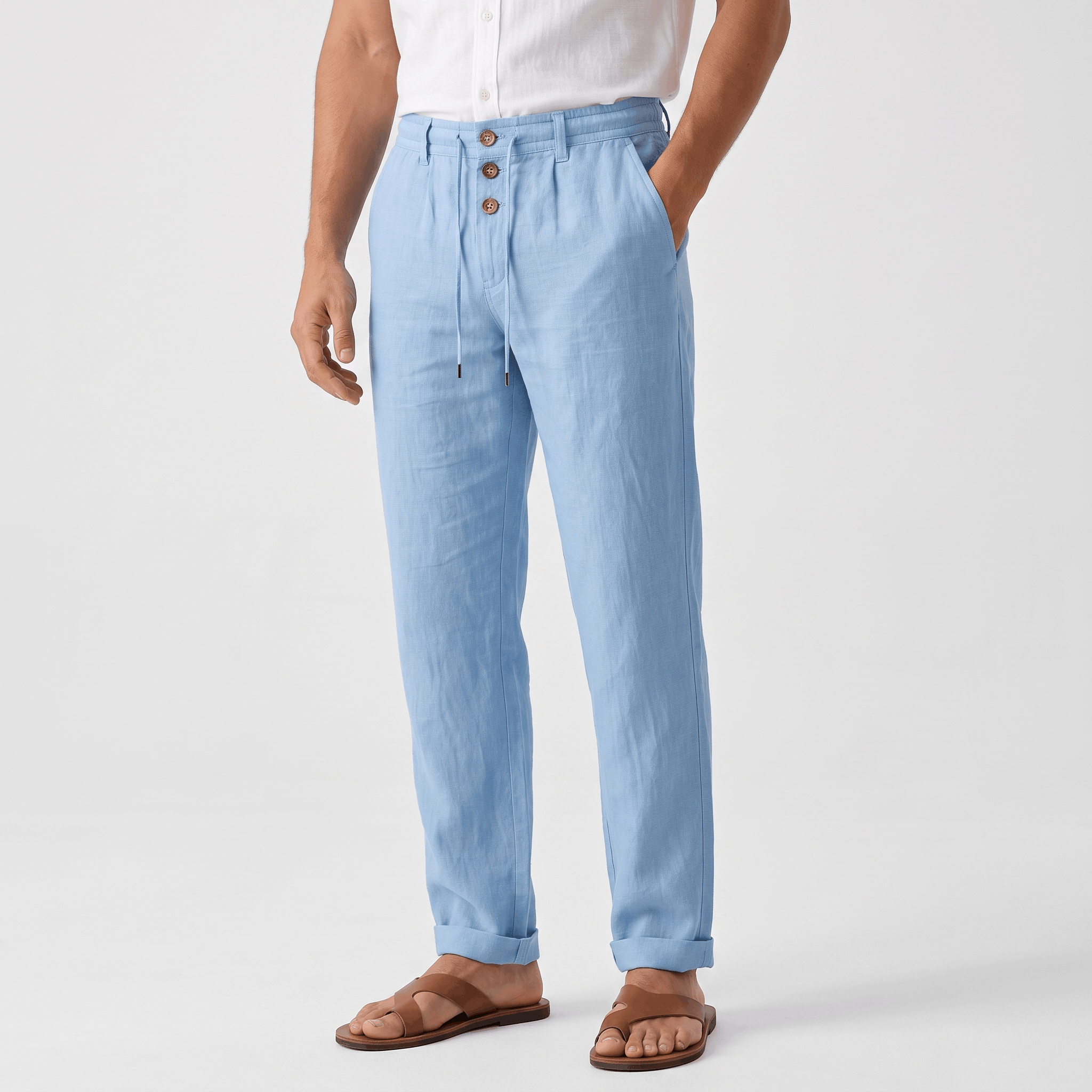 Men's light blue linen drawstring pants with a relaxed straight-leg fit, elastic waistband, and breathable fabric.