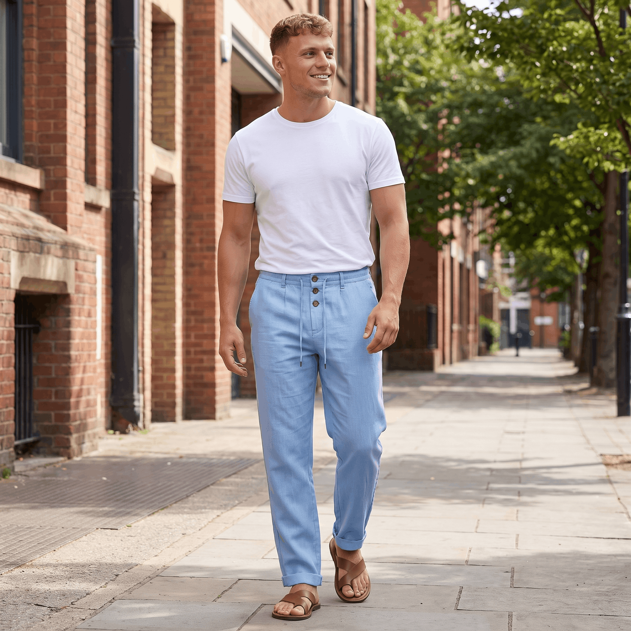 Man wearing light blue linen pleated trousers with a white crew neck T-shirt and brown leather sandals while walking along a city sidewalk.