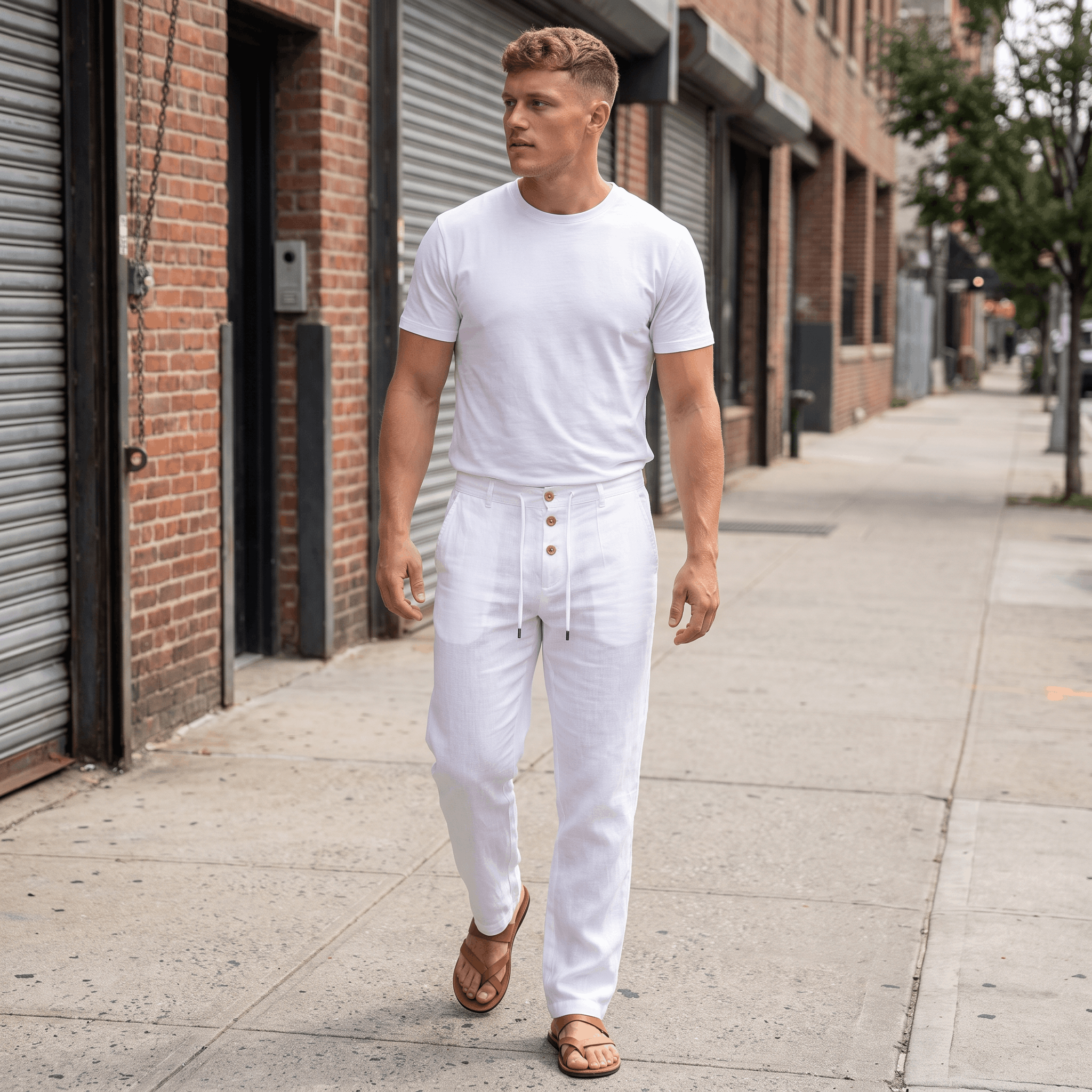 Man wearing white linen pleated trousers paired with a white crew neck T-shirt and brown leather sandals while walking through an urban street.
