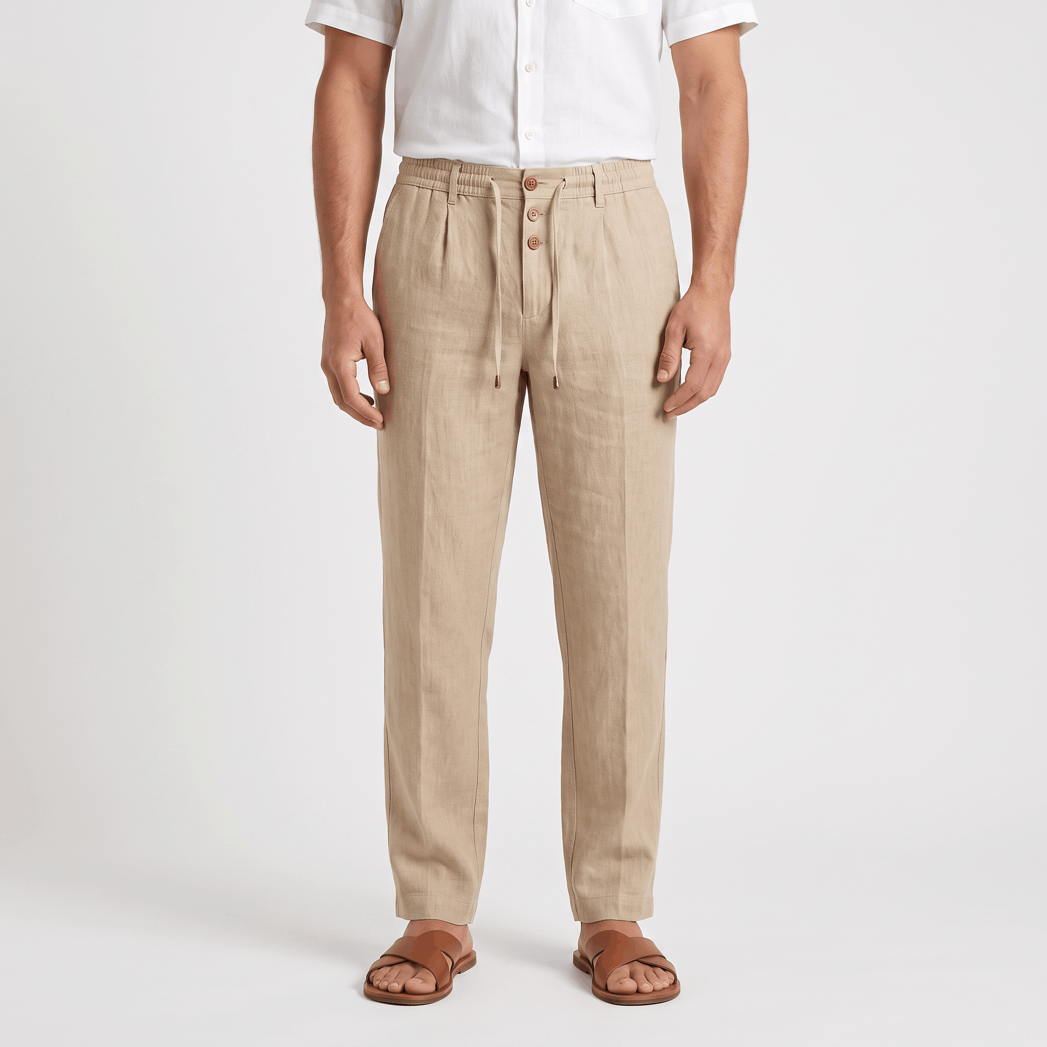 Men's beige linen drawstring pants with a relaxed straight-leg fit, elastic waistband, and button-front detail.
