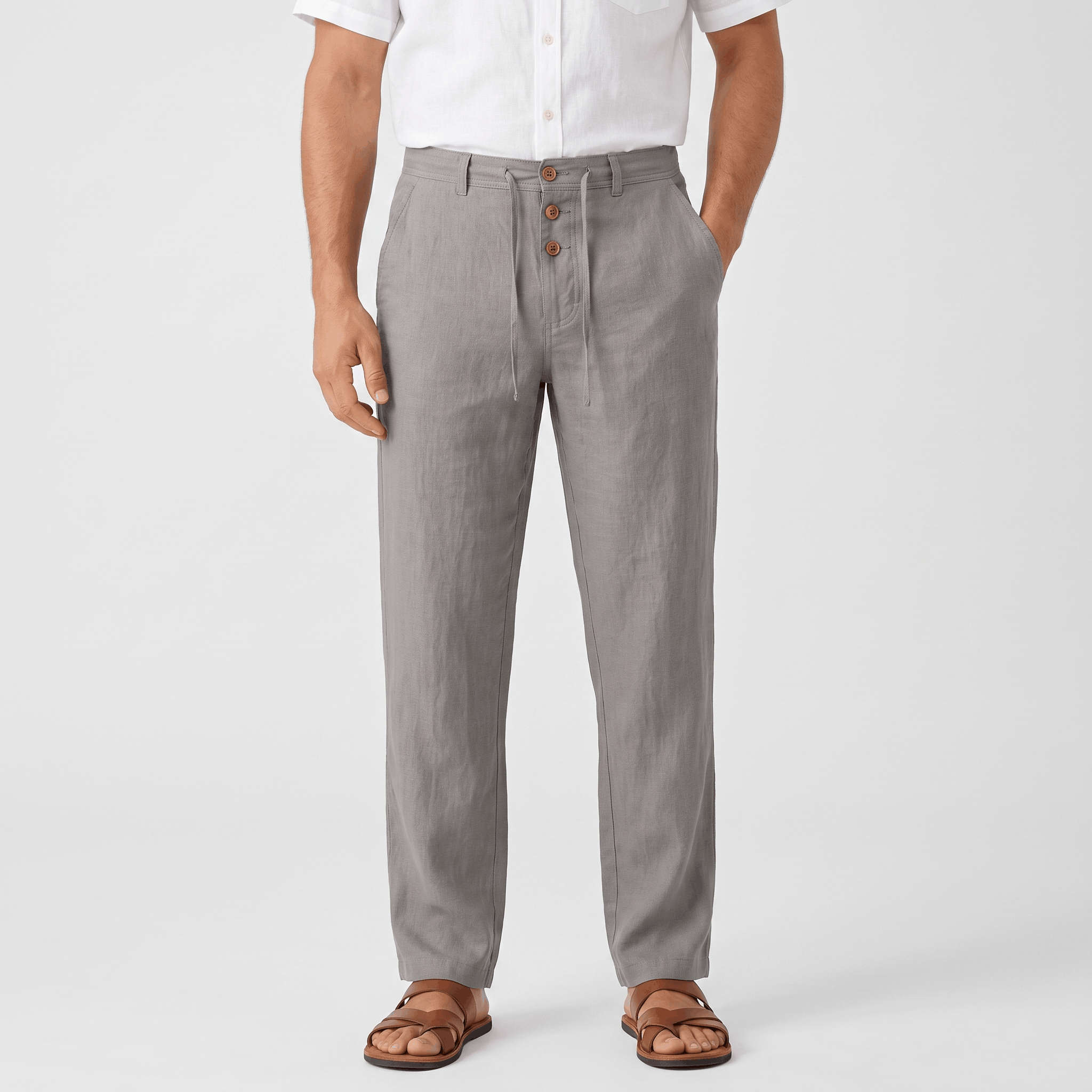 Men's gray linen drawstring pants featuring a relaxed straight-leg fit, elastic waistband, and side pockets.