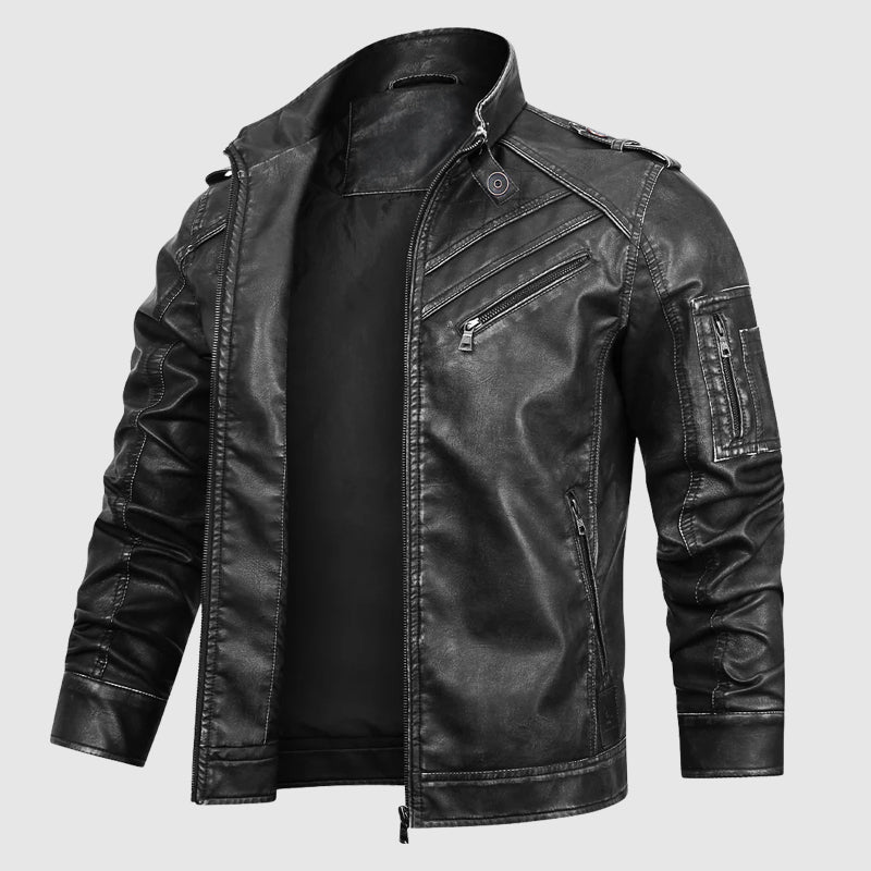 Xavier Men’s Leather Biker Jacket – Armored Streetwear with Tactical Details