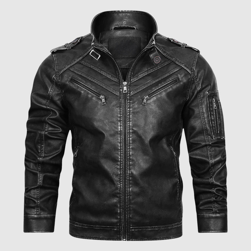 Xavier Men’s Leather Biker Jacket – Armored Streetwear with Tactical Details