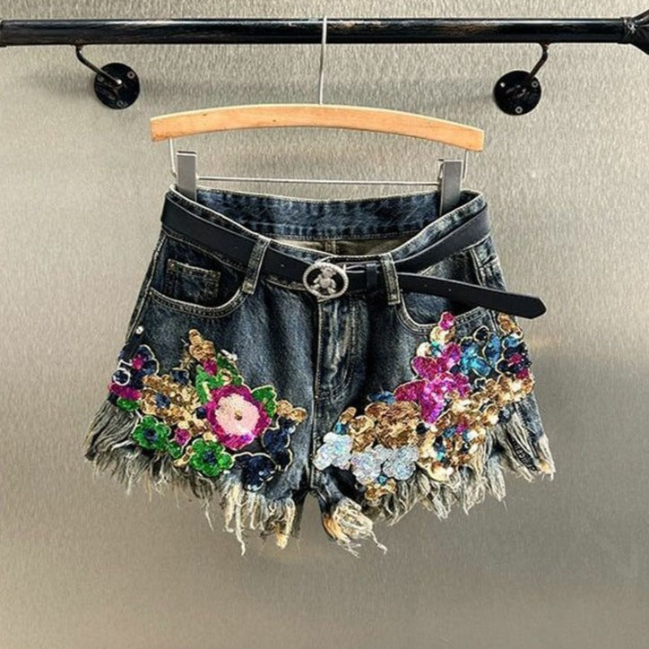 Bella Floral Sequin Jean Shorts – High-Quality Denim with Tailored Fit 0