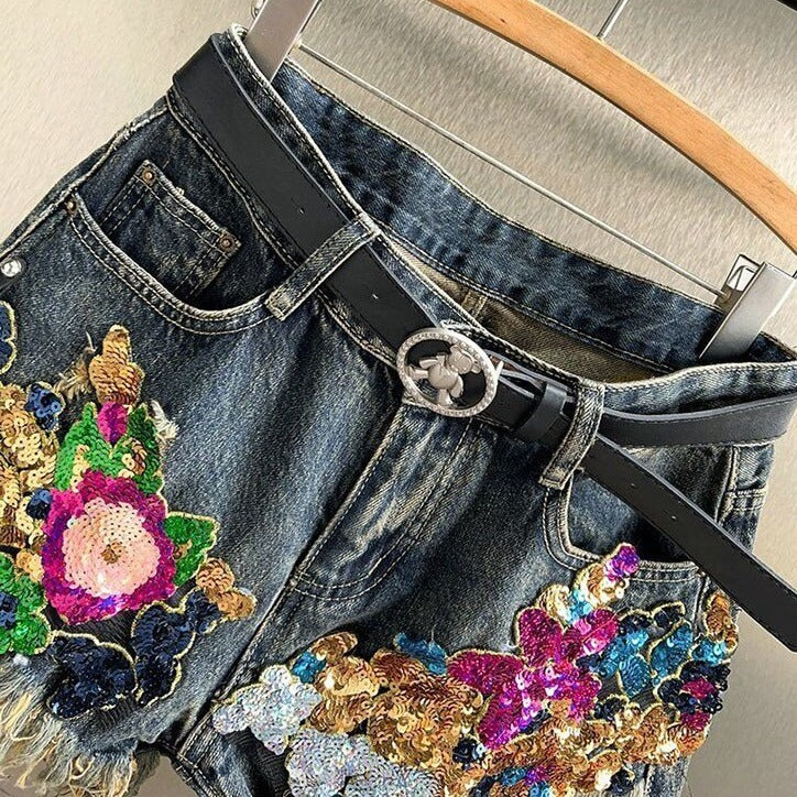 Bella Floral Sequin Jean Shorts – High-Quality Denim with Tailored Fit 1
