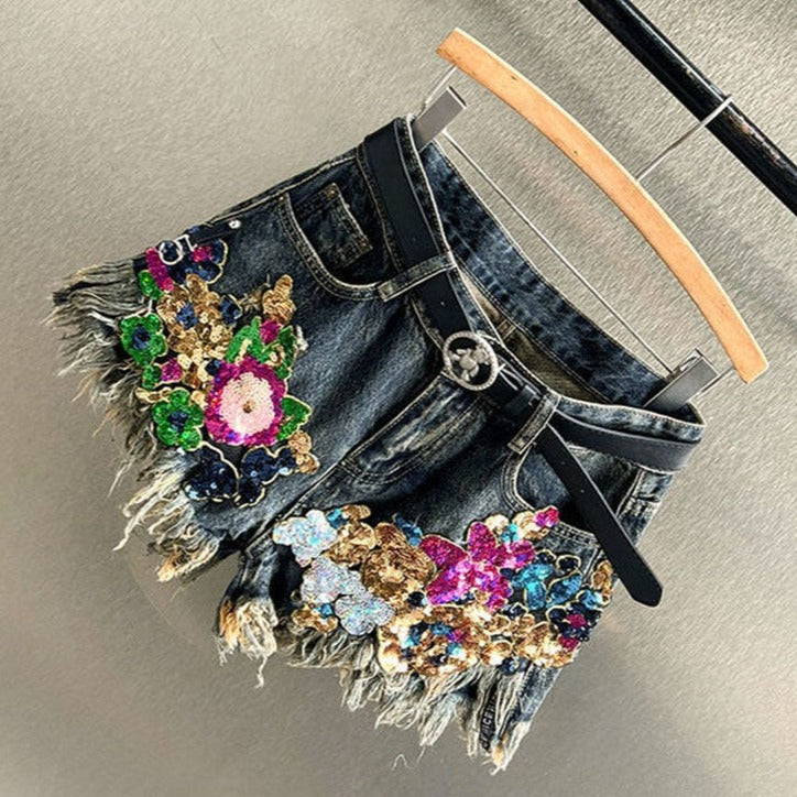 Bella Floral Sequin Jean Shorts – High-Quality Denim with Tailored Fit 3