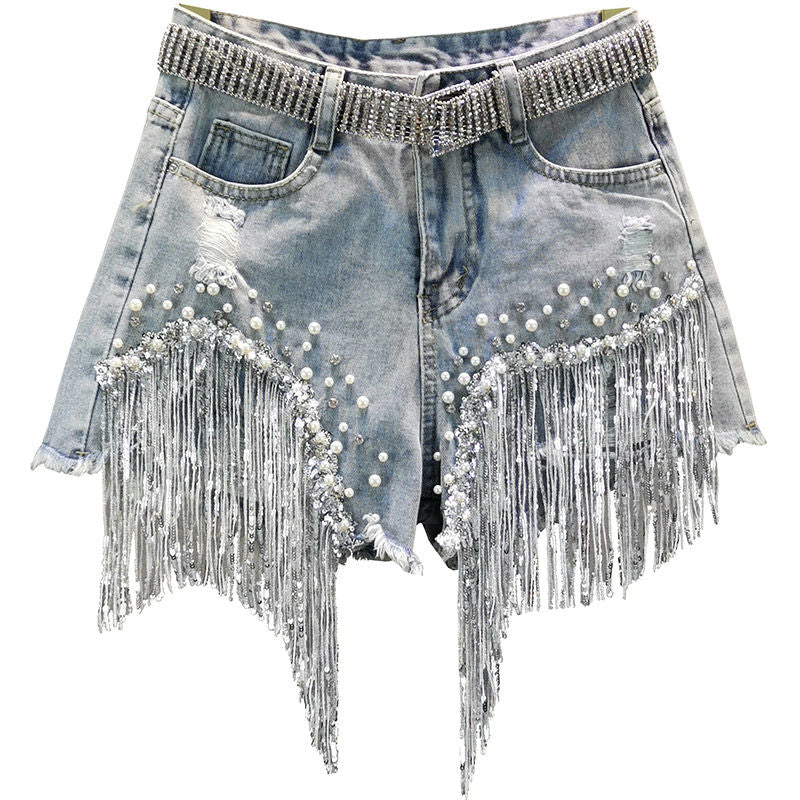 Bella High-Waisted Jean Shorts – Premium Denim with Trendy Tassel Accents 0