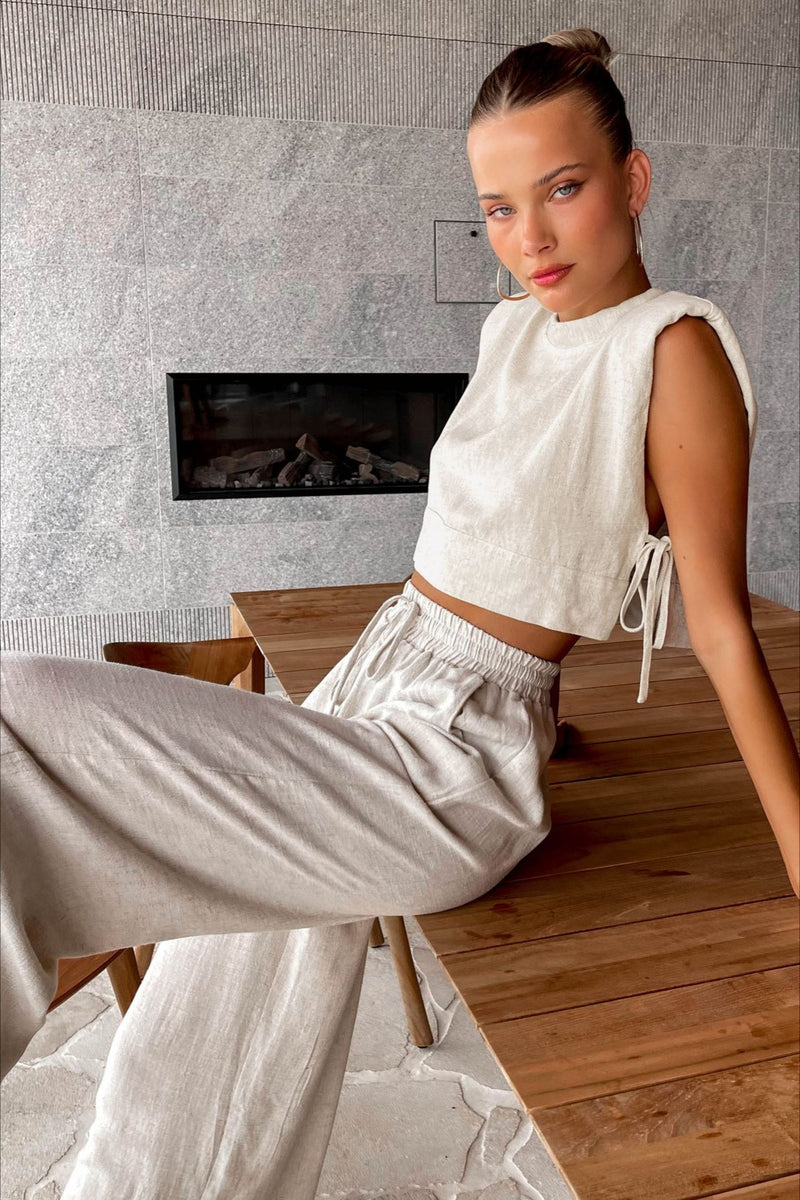 Bella Lightweight White Two Piece Set – Adjustable Cropped Top & High-Waisted Pants for Women 0