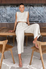 Bella Lightweight White Two Piece Set – Adjustable Cropped Top & High-Waisted Pants for Women 1