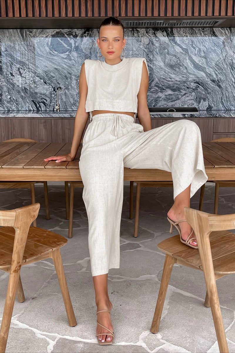 Bella Lightweight White Two Piece Set – Adjustable Cropped Top & High-Waisted Pants for Women 1