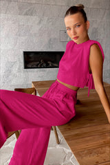 Bella Lightweight White Two Piece Set – Adjustable Cropped Top & High-Waisted Pants for Women 4