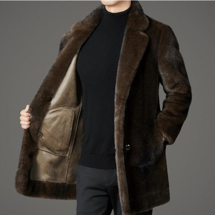 Rafael Men’s Faux Fur Coat – Reversible Winter Jacket with Lapel Collar & Button Closure