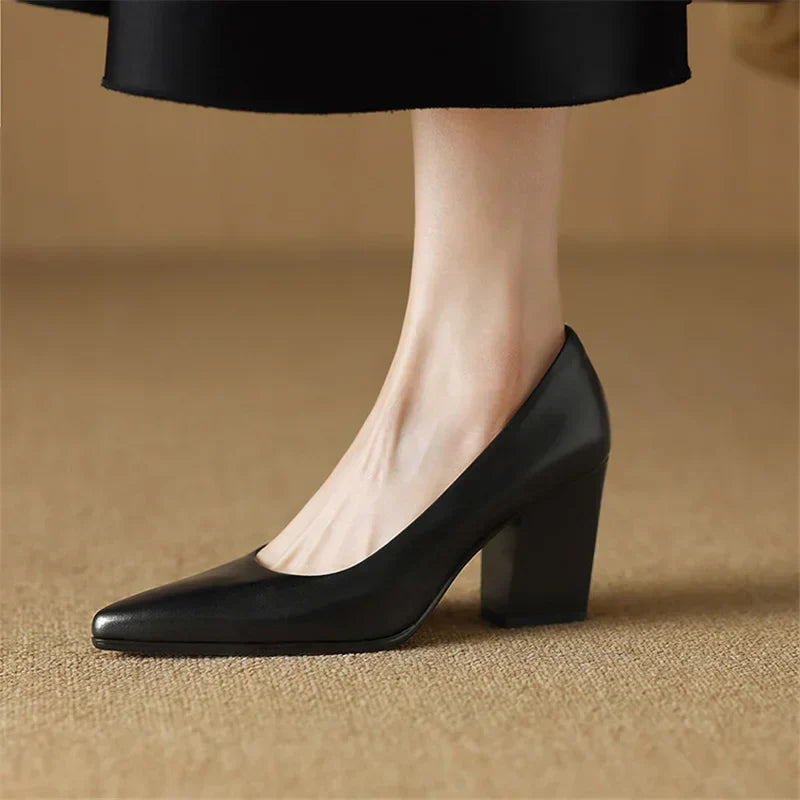 Brooklyn Pointed Toe Black Pumps – Structured Comfort & Wide Block Heel for Women 9
