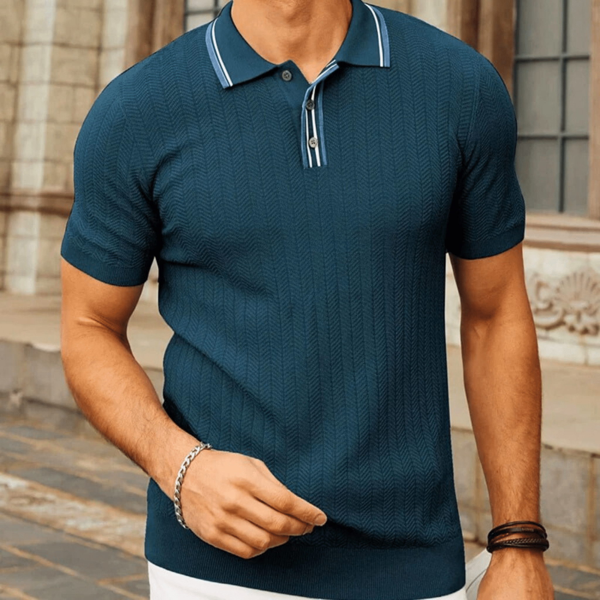 Brooklyn Tailored Men's Polo Shirt – Luxurious Silk-Wool Blend with Contrast Collar 3