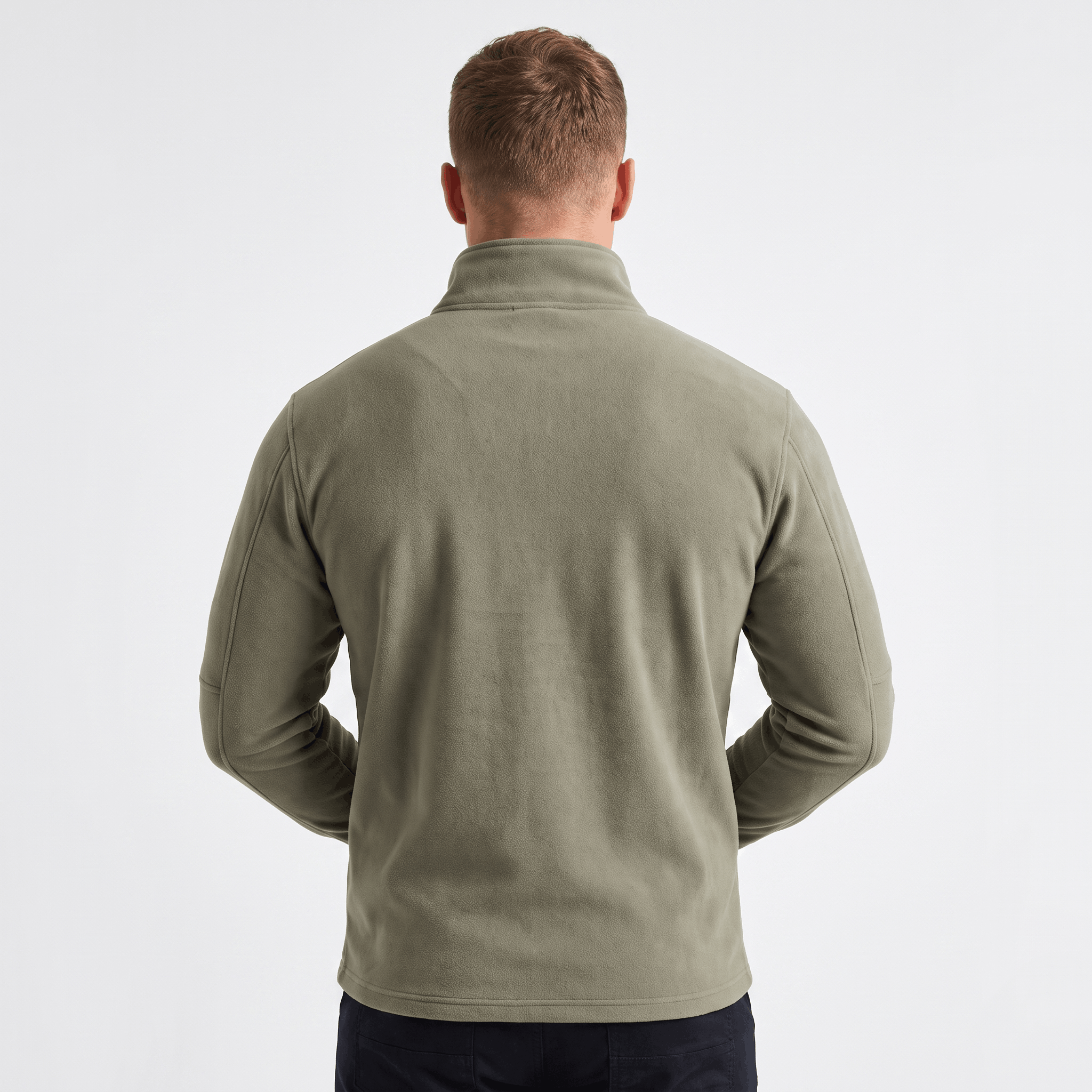 Back view of a men's olive green quarter-zip knit sweater featuring a stand collar, ribbed cuffs, and hem.