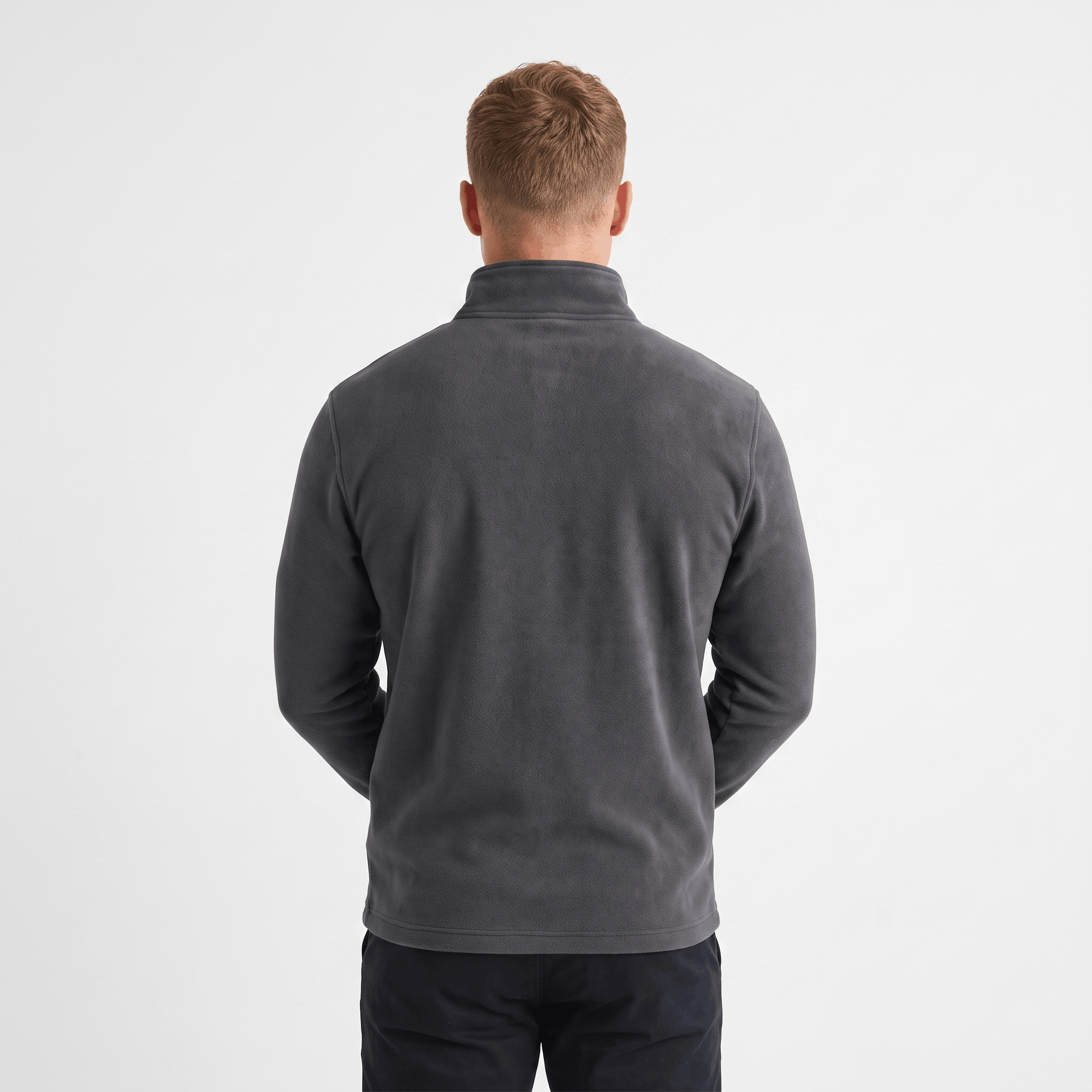 Back view of a men's charcoal gray quarter-zip knit sweater with a stand collar and classic fit.