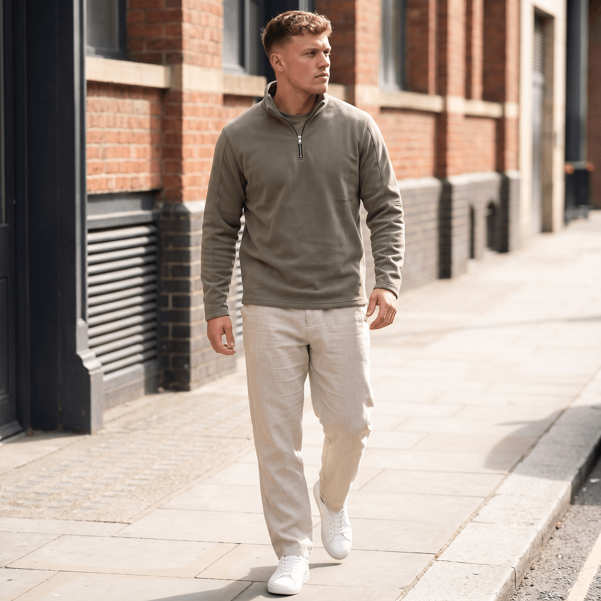 Man wearing an olive green quarter-zip knit sweater with beige trousers walking in an urban street setting.