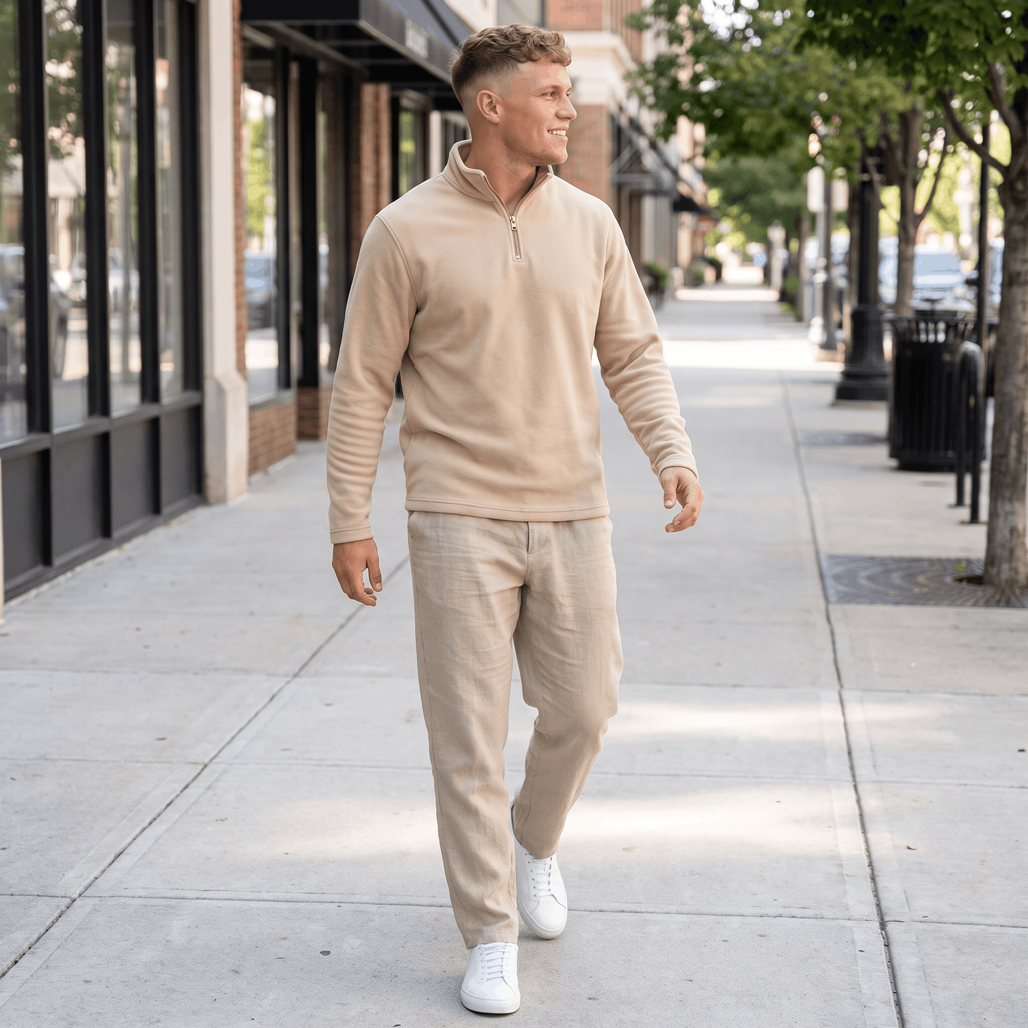Man wearing a beige quarter-zip knit sweater paired with beige trousers in a casual city setting.